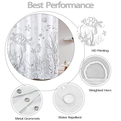 Lifeella Nautical Coastal Turtle Shower Curtain, Coral Starfish Seashell Ocean Themed Bathroom Curtain, Underwater Seahorse Bathroom Decor Grey 72 x 72 inch - Image 5