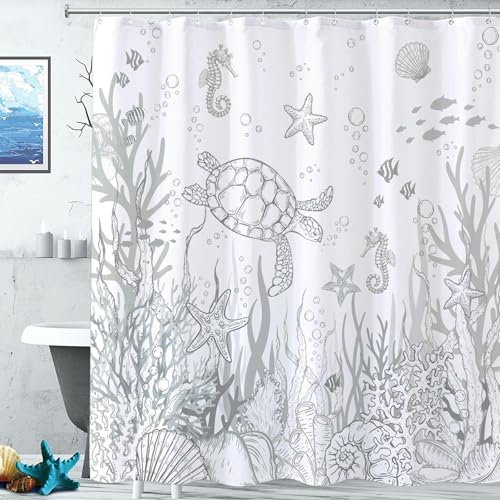 Lifeella Nautical Coastal Turtle Shower Curtain, Coral Starfish Seashell Ocean Themed Bathroom Curtain, Underwater Seahorse Bathroom Decor Grey 72 x 72 inch - Image 3
