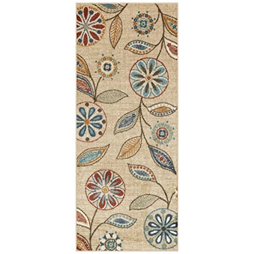 Maples Rugs Reggie Floral Runner Rug - Made in USA - Washable, Non Slip Indoor Carpet for Kitchen, Hallway, and Laundry Room, 2'6" x 6', Beige - Image 1