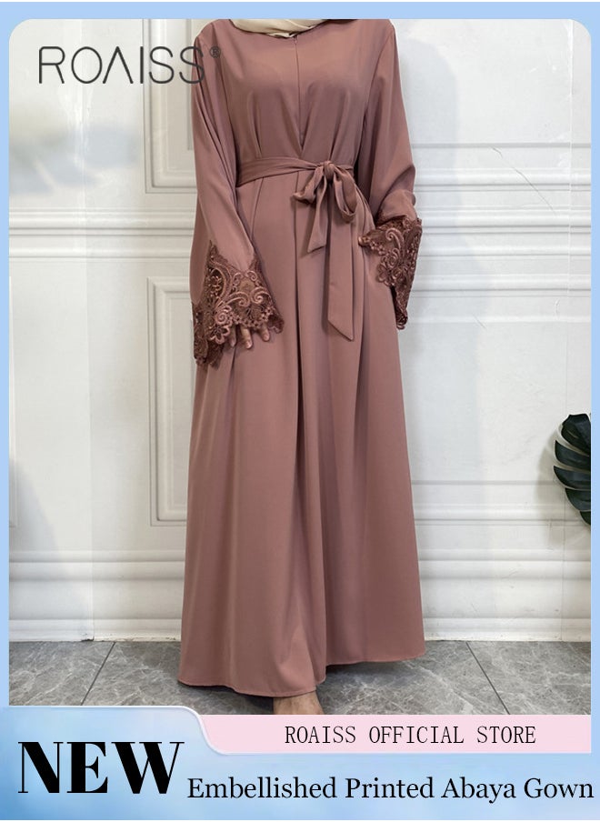 roaiss - Abaya Style Robe with Solid Color Design Cuffs Lace Elements Belt Waist Design Women Daily Casual All Match Long Skirt Commuter Long Skirt - Image 1
