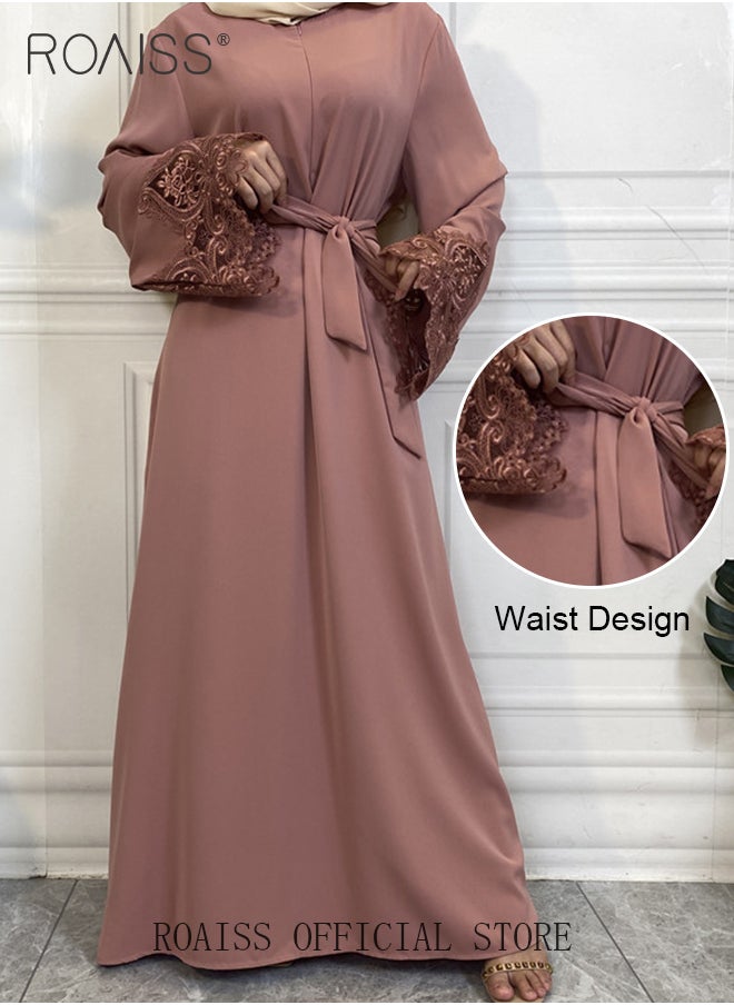 roaiss - Abaya Style Robe with Solid Color Design Cuffs Lace Elements Belt Waist Design Women Daily Casual All Match Long Skirt Commuter Long Skirt - Image 1