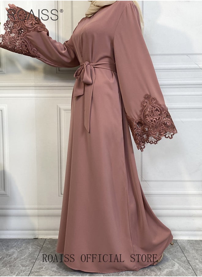 roaiss - Abaya Style Robe with Solid Color Design Cuffs Lace Elements Belt Waist Design Women Daily Casual All Match Long Skirt Commuter Long Skirt - Image 1