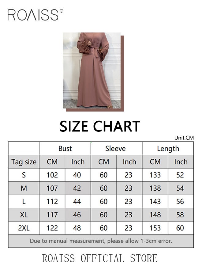 roaiss - Abaya Style Robe with Solid Color Design Cuffs Lace Elements Belt Waist Design Women Daily Casual All Match Long Skirt Commuter Long Skirt - Image 1