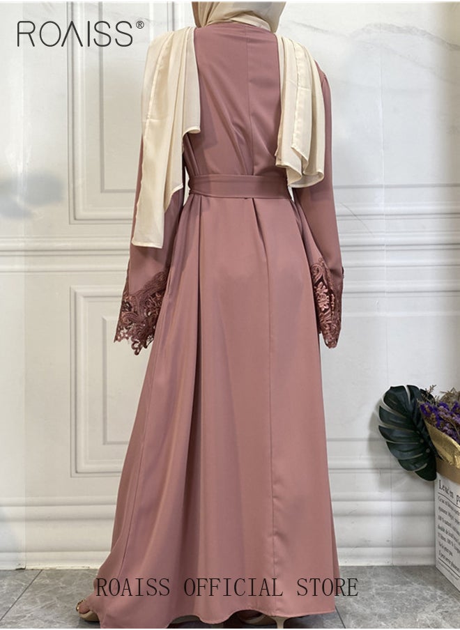 roaiss - Abaya Style Robe with Solid Color Design Cuffs Lace Elements Belt Waist Design Women Daily Casual All Match Long Skirt Commuter Long Skirt - Image 1