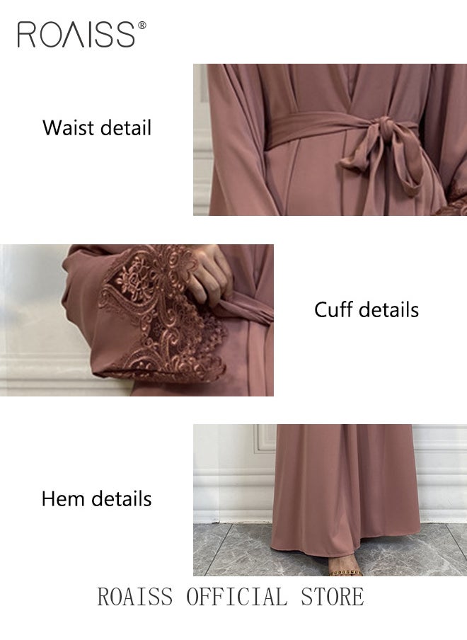 roaiss - Abaya Style Robe with Solid Color Design Cuffs Lace Elements Belt Waist Design Women Daily Casual All Match Long Skirt Commuter Long Skirt - Image 1