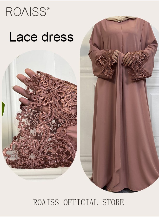 roaiss - Abaya Style Robe with Solid Color Design Cuffs Lace Elements Belt Waist Design Women Daily Casual All Match Long Skirt Commuter Long Skirt - Image 1