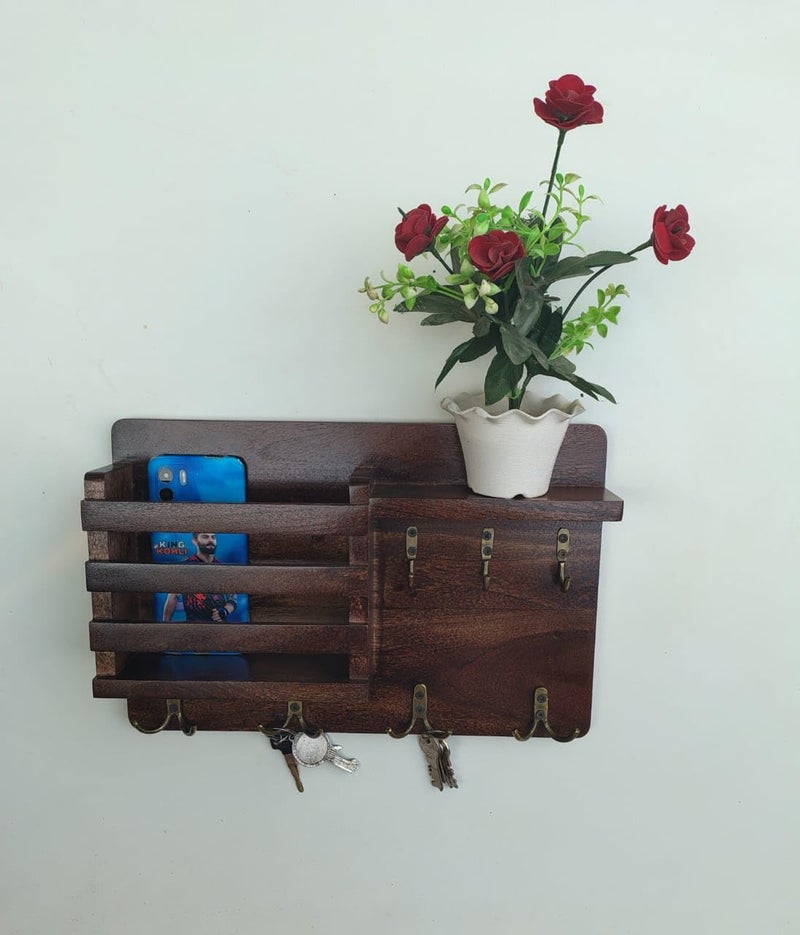keeam Decor Rustic WallMounted Key Holder with Hooks Wooden Shelf 30 cm x 20 cm  - Image 5