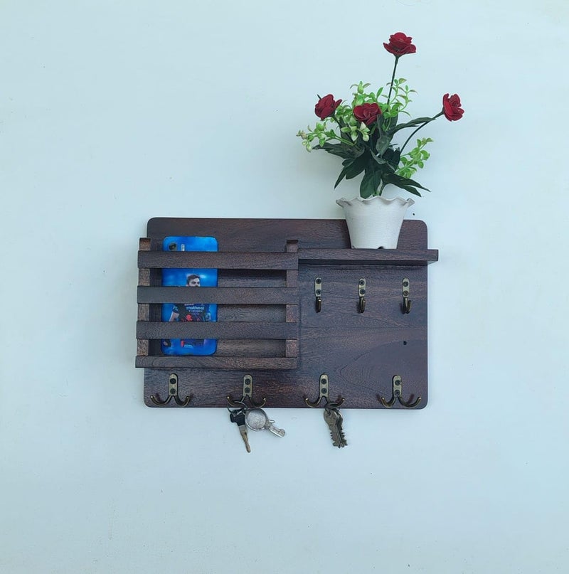 keeam Decor Rustic WallMounted Key Holder with Hooks Wooden Shelf 30 cm x 20 cm  - Image 1