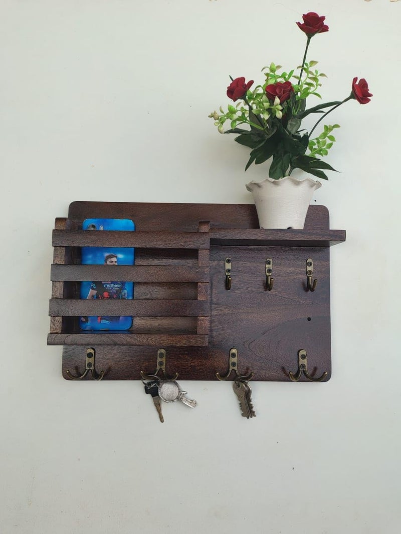 keeam Decor Rustic WallMounted Key Holder with Hooks Wooden Shelf 30 cm x 20 cm  - Image 4