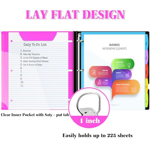 INFUN 1 Inch 3-Ring Telescoping Project Organizer Binder,13 Pocket , Customizable Front Cover, 5 Colors Pocket Divider and Plastic Binder Pocket，225 Sheet Capacity-Pink - Image 3
