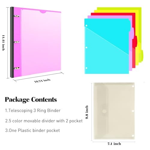 INFUN 1 Inch 3-Ring Telescoping Project Organizer Binder,13 Pocket , Customizable Front Cover, 5 Colors Pocket Divider and Plastic Binder Pocket，225 Sheet Capacity-Pink - Image 2