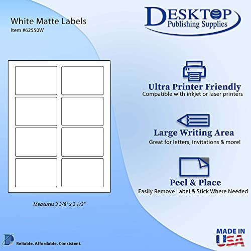 Desktop Publishing Supplies Blank Printable Adhesive Name Tag Stickers, 3 3/8" x 2 1/3" - Inkjet/Laser Compatible (8 per Sheet) 10 Sheets - 80 Total Adhesive Name Tag Labels - White Matte Finish - Image 2