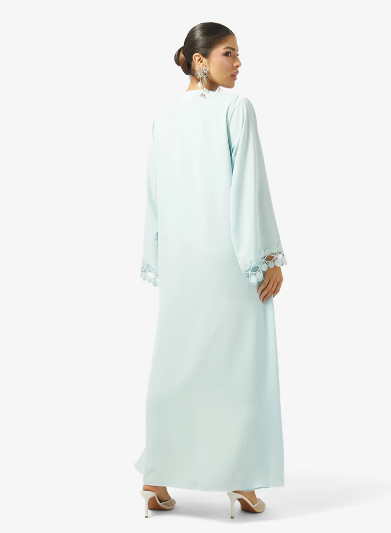 hayas closet Lace Detailed Open Front V Neck Abaya