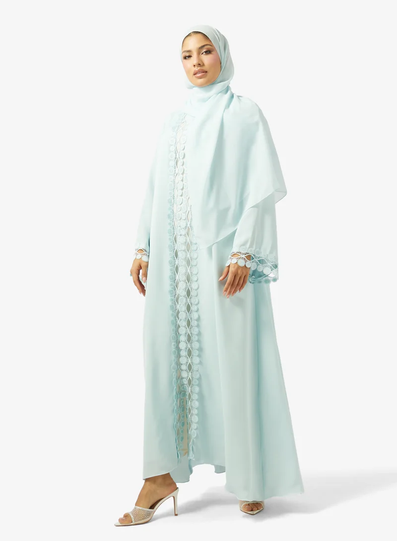 hayas closet Lace Detailed Open Front V Neck Abaya