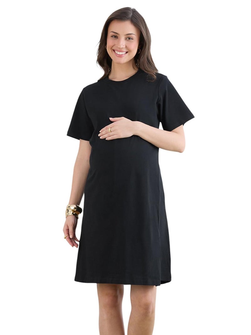 MomToBe Women's Cotton Maternity Dresses | Pregnancy Feeding Nursing Dress (Ink Black ; Medium) - Image 1