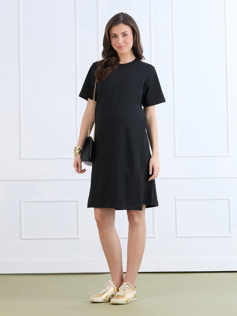 MomToBe Women's Cotton Maternity Dresses | Pregnancy Feeding Nursing Dress (Ink Black ; Medium) - Image 2