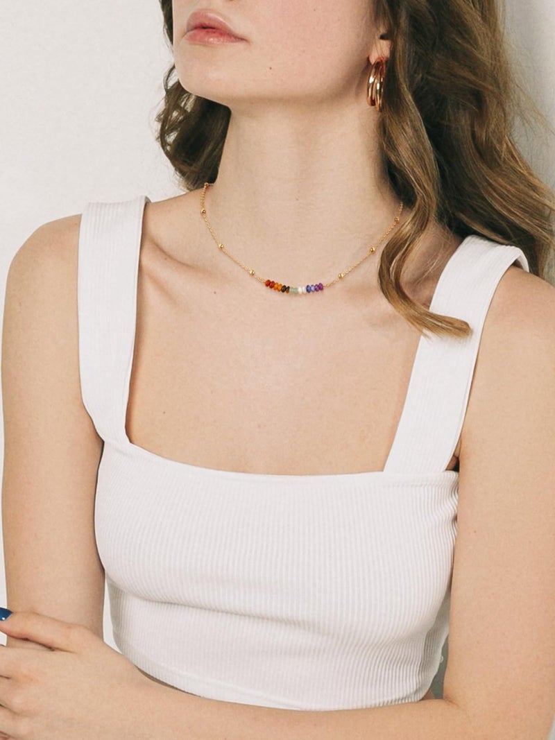 Top Plaza 7 Chakra Crystal Necklace for Women Tiny Natural Gemstone Beads Necklace 14K Gold Plated Healing Stone Necklaces Yoga Meditation Jewelry Birthday Gifts - Image 3