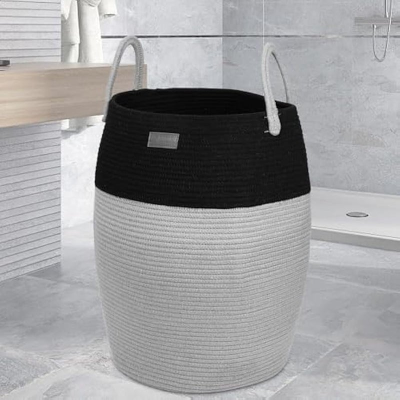Loquat Premium Woven Rope Laundry Basket | 60L Foldable Laundry Hamper & Clothes Basket | Washing Basket & Laundry Bag | Storage Basket for Blankets, Toys, Dirty Clothes | Black & Gray - Image 1