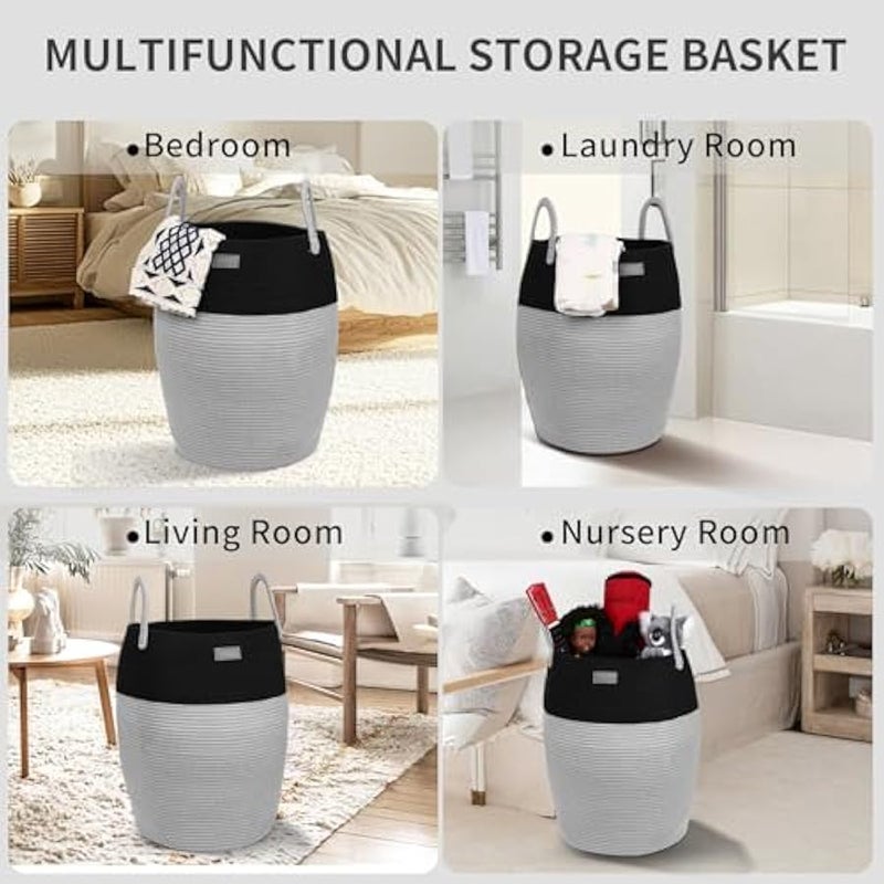 Loquat Premium Woven Rope Laundry Basket | 60L Foldable Laundry Hamper & Clothes Basket | Washing Basket & Laundry Bag | Storage Basket for Blankets, Toys, Dirty Clothes | Black & Gray - Image 3