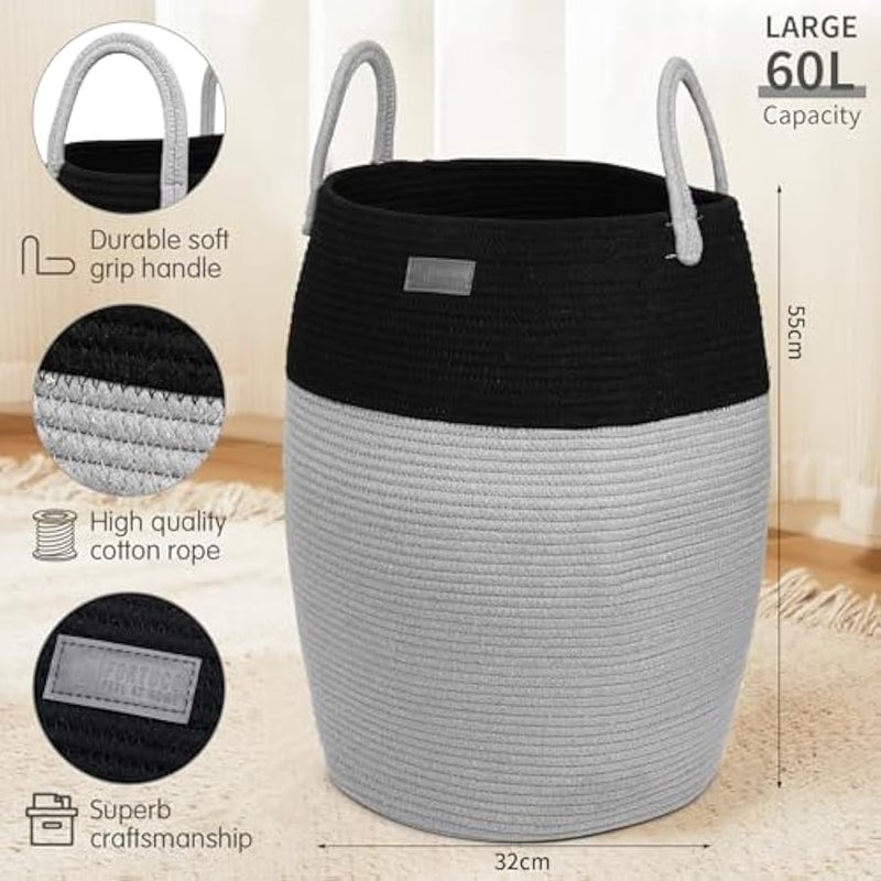 Loquat Premium Woven Rope Laundry Basket | 60L Foldable Laundry Hamper & Clothes Basket | Washing Basket & Laundry Bag | Storage Basket for Blankets, Toys, Dirty Clothes | Black & Gray - Image 2