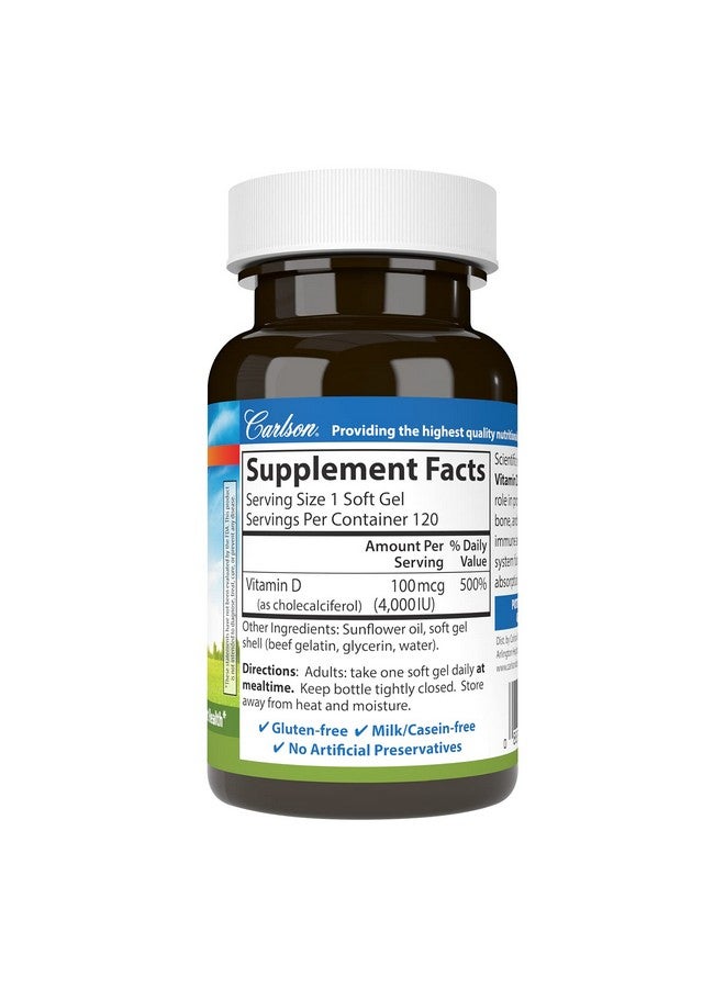 Carlson فيتامين د3 4000 وحدة دولية (100 ميكروغرام) مكملات فيتامين د لصحة العظام والمناعة مكمل كوليكالسيفيرول خالي من الجلوتين كبسولات فيتامين د 120 جيلاتين طري - Image 3