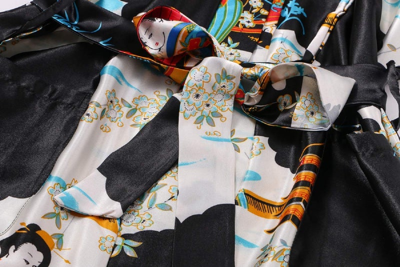 MissNina Women's Silky Kimono Robes Long Satin Bathrobes Sleepwear Loungewear Black - Image 5