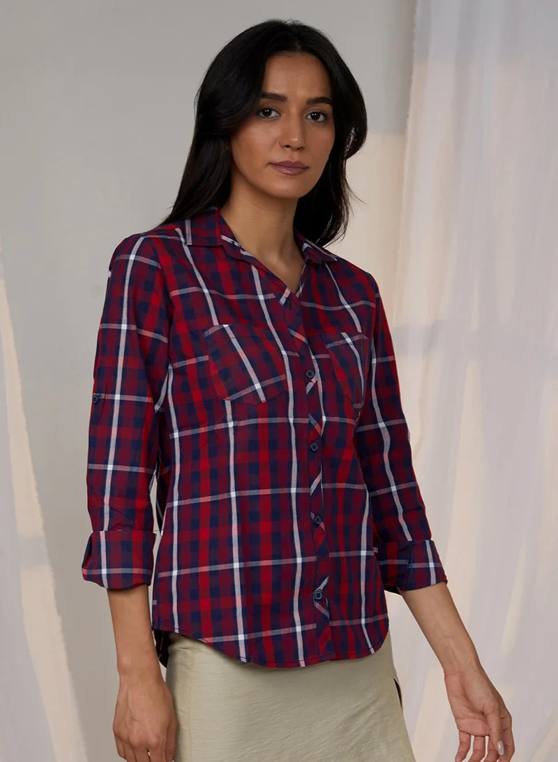 PINACOLADA Women's Apple Red & Navy Blue Tartan Plaid Shirt