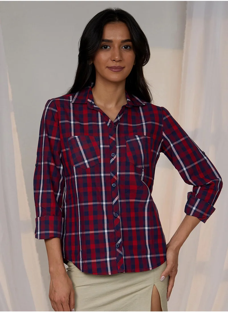 PINACOLADA Women's Apple Red & Navy Blue Tartan Plaid Shirt