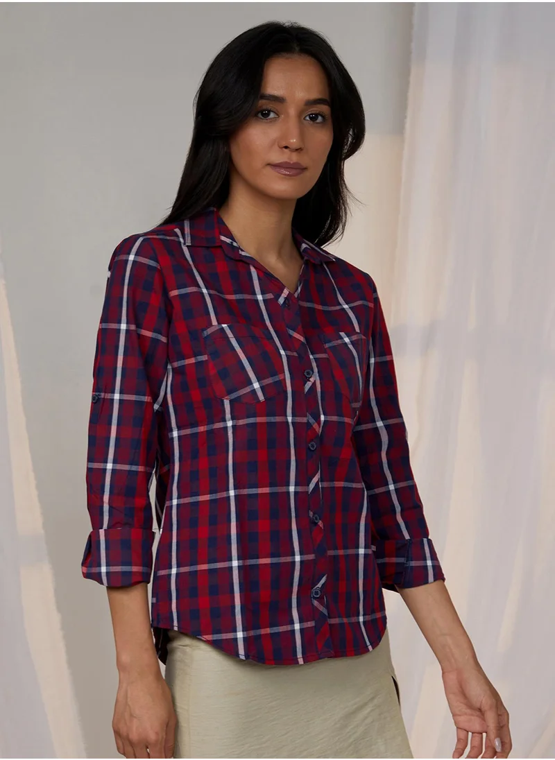 PINACOLADA Women's Apple Red & Navy Blue Tartan Plaid Shirt