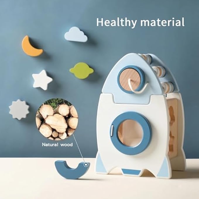 لعبة صاروخ خشبي مونتيسوري للأطفال من عمر 1-3 سنوات - مصنف أشكال تعليمي للأولاد والبنات - تعلم الألوان والأشكال - هدية لعبة آمنة للأطفال، هدية عيد الميلاد ذات طابع فضائي - Image 3