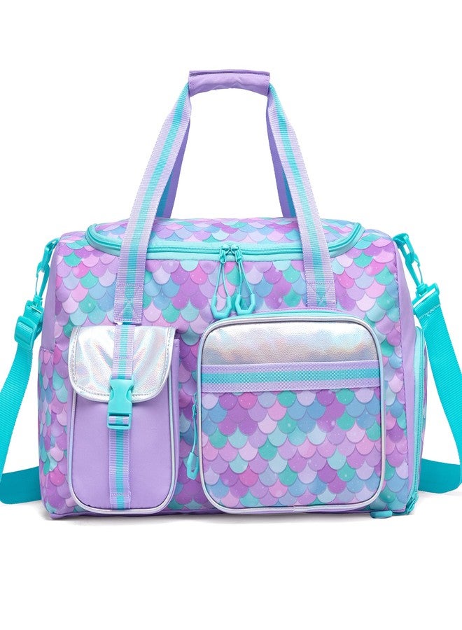 Oruiji Kids Duffle Bag Girls Travel Bag Gifts Overnight Bag Girls Women Tote Bag, Love Purple Mermaid Blue, 20" x 11" x 8.2" - Image 1