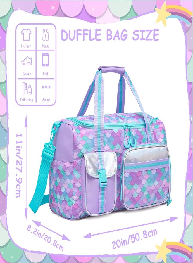 Oruiji Kids Duffle Bag Girls Travel Bag Gifts Overnight Bag Girls Women Tote Bag, Love Purple Mermaid Blue, 20" x 11" x 8.2" - Image 2