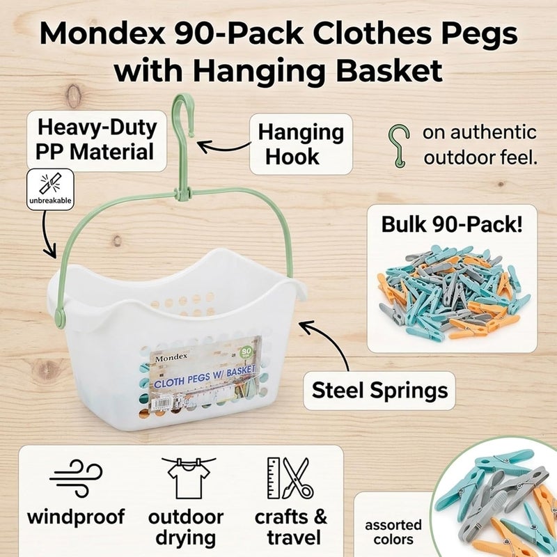 Mondex 90 pcs Heavy-Duty Clothes Pegs with Hanging Storage Basket – Anti-Slip Laundry Clips for Windy Weather – Multi Color - Image 4