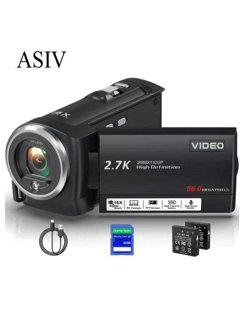 أسيف كاميرا محمولة بدقة 2.7K و56 ميجابكسل | زوم 16x + بطاريتين مزدوجتين + إضاءة LED | متعددة الاستخدامات للبث المباشر على يوتيوب / السفر / الاجتماعات. - Image 1