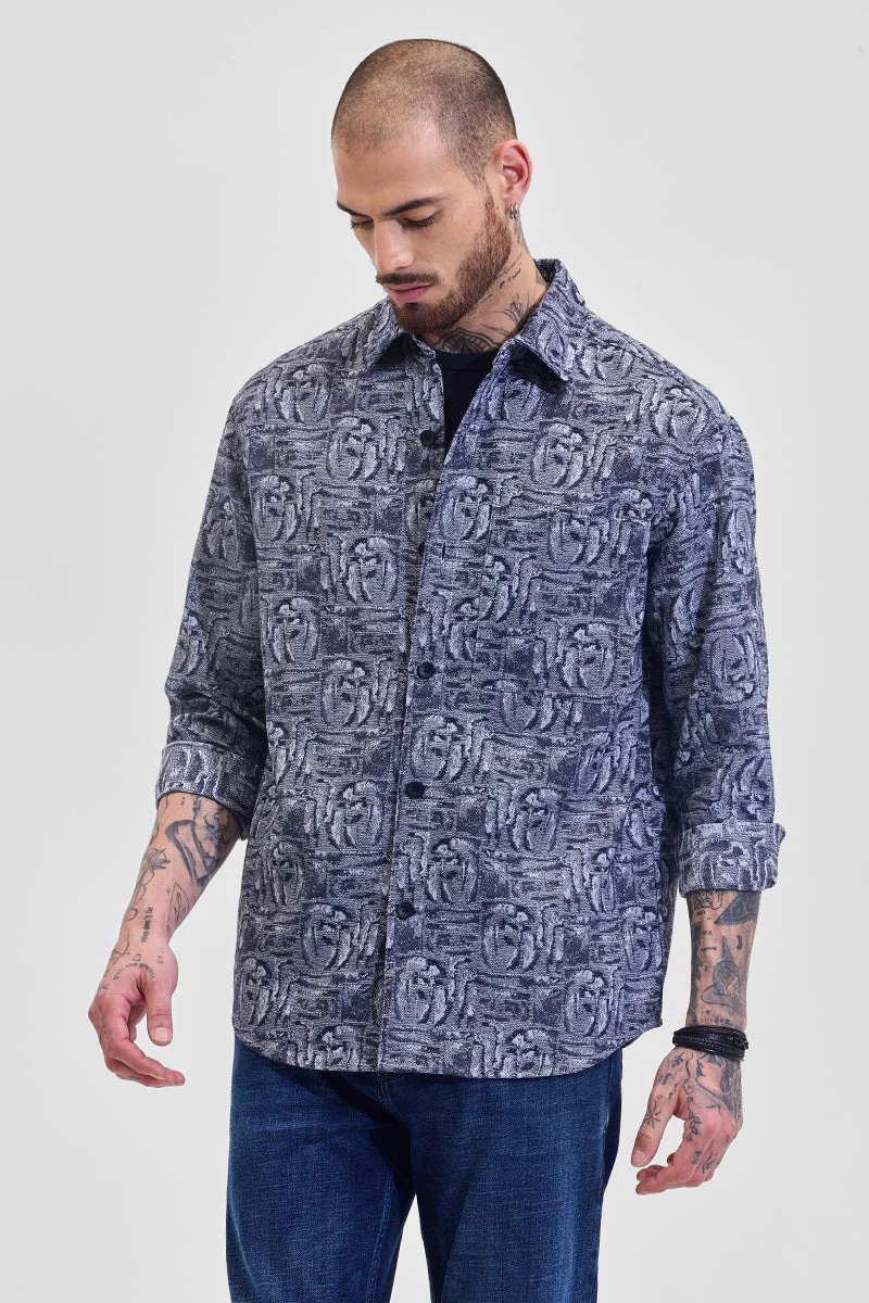 SNITCH Dark Blue Abstract Relaxed Fit Overshirt