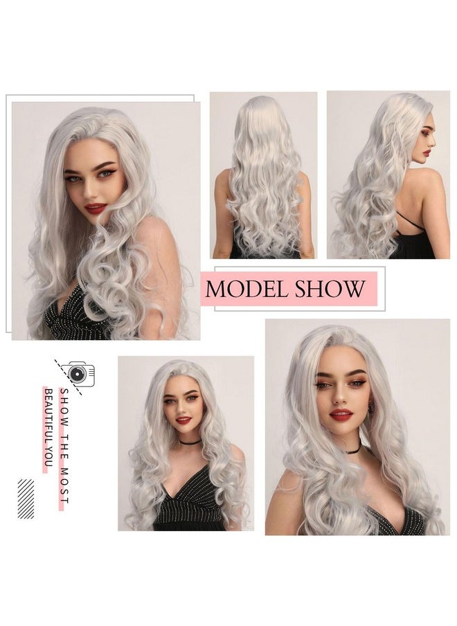 Ebingoo 26 Inch Silver Gray Lace Front Wig+Wig Cap Long Wavy Silver Wig For Women White Curly Lace Front Wig Natural Silver Princess Wig For Halloween Cosplay Synthetic Hair Wigs For Women Daily Wear  - Image 3
