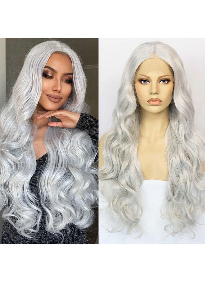 Ebingoo 26 Inch Silver Gray Lace Front Wig+Wig Cap Long Wavy Silver Wig For Women White Curly Lace Front Wig Natural Silver Princess Wig For Halloween Cosplay Synthetic Hair Wigs For Women Daily Wear  - Image 2