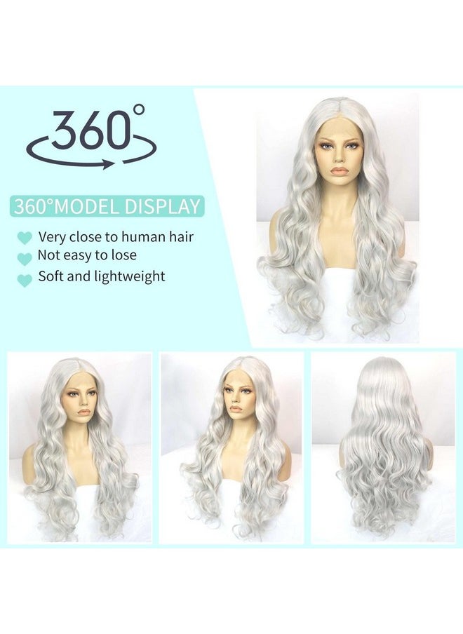 Ebingoo 26 Inch Silver Gray Lace Front Wig+Wig Cap Long Wavy Silver Wig For Women White Curly Lace Front Wig Natural Silver Princess Wig For Halloween Cosplay Synthetic Hair Wigs For Women Daily Wear  - Image 4