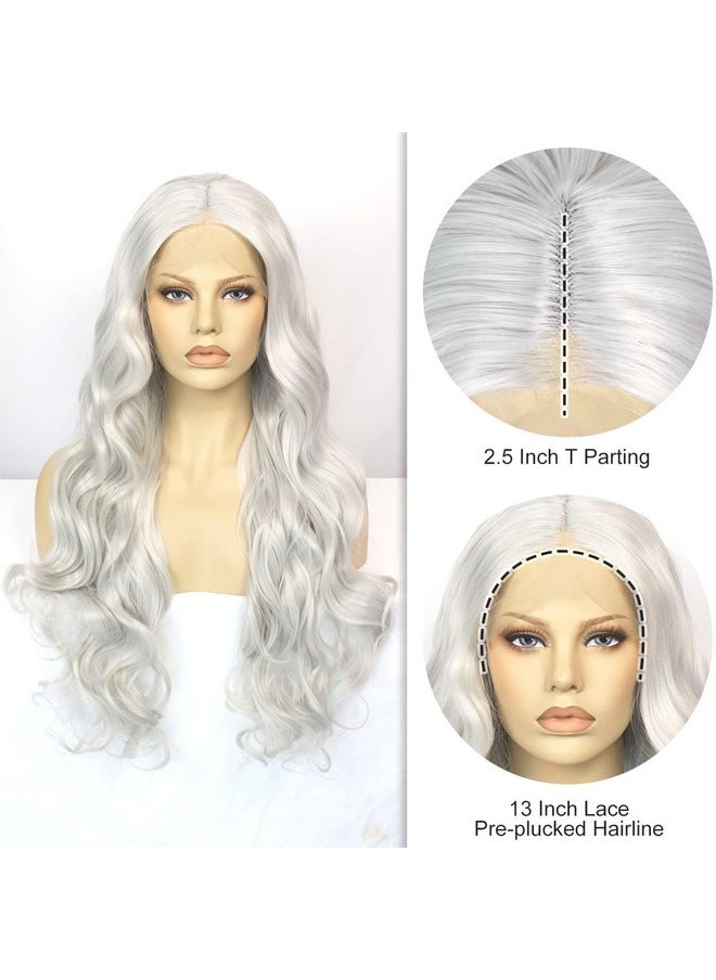 Ebingoo 26 Inch Silver Gray Lace Front Wig+Wig Cap Long Wavy Silver Wig For Women White Curly Lace Front Wig Natural Silver Princess Wig For Halloween Cosplay Synthetic Hair Wigs For Women Daily Wear  - Image 5