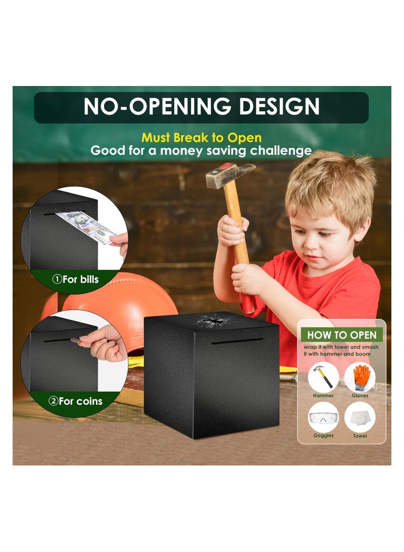KASTWAVE Stainless Steel Piggy Bank for Adults, Must Break to Open, Unbreakable Money Bank Only Savings Box to Help Budget and Save, Money Box Safe for Cash Saving, Metal Saving Bank (Black - 12*12cm) - Image 2