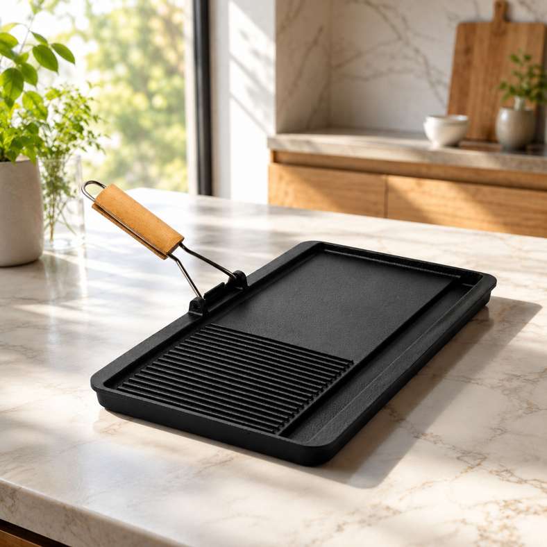 Pan Home Ferric Cast Iron Grill Pan With Foldable Handle 38x18cm -Black - 201CJN9900134 - Image 1