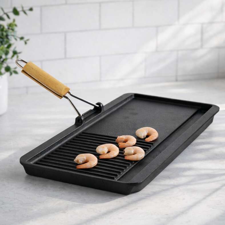 Pan Home Ferric Cast Iron Grill Pan With Foldable Handle 38x18cm -Black - 201CJN9900134 - Image 3