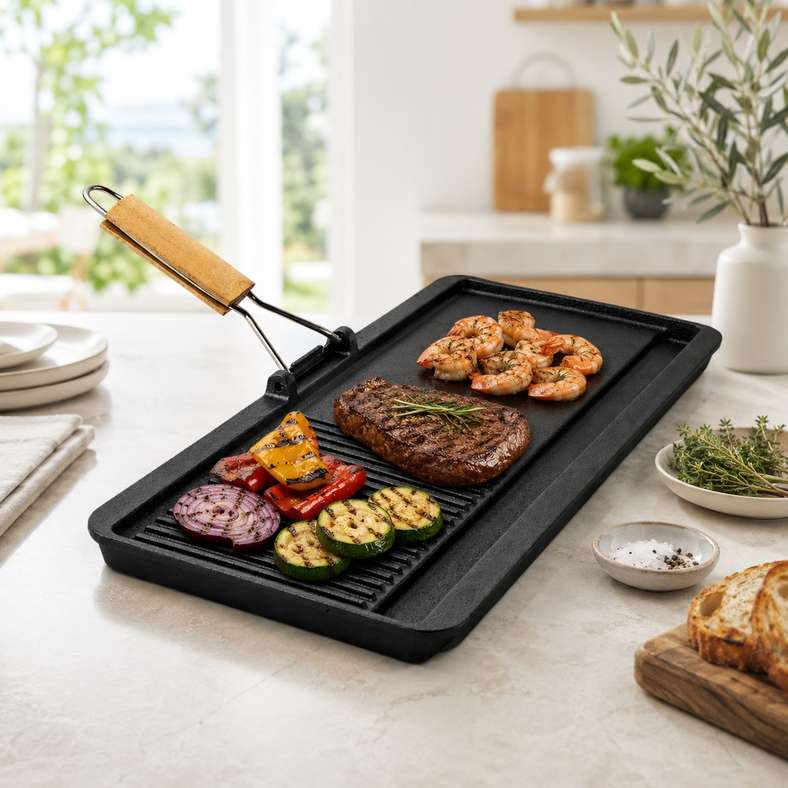 Pan Home Ferric Cast Iron Grill Pan With Foldable Handle 38x18cm -Black - 201CJN9900134 - Image 2