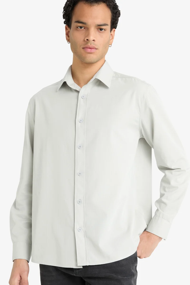 Regular Fit Polo Collar Woven Long Sleeve Shirt
