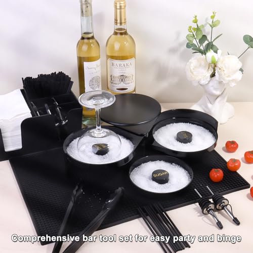 Dualshine 3 Tier Bar Glass Rimmer Bartender Tool Accessories with 12 Pcs Stainless Steel Liquor Pour Spout Garnish Caddy with 6 Compartment and 200 Pcs Napkin,500 Black Cocktail Straws - Image 4