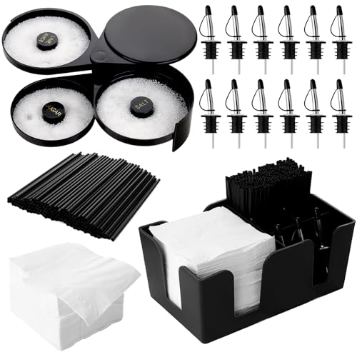Dualshine 3 Tier Bar Glass Rimmer Bartender Tool Accessories with 12 Pcs Stainless Steel Liquor Pour Spout Garnish Caddy with 6 Compartment and 200 Pcs Napkin,500 Black Cocktail Straws - Image 1