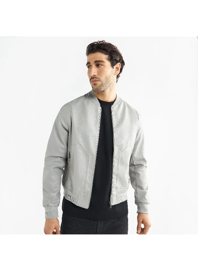 FAV Textured Bomber Jacket with Zip Closure and Pockets