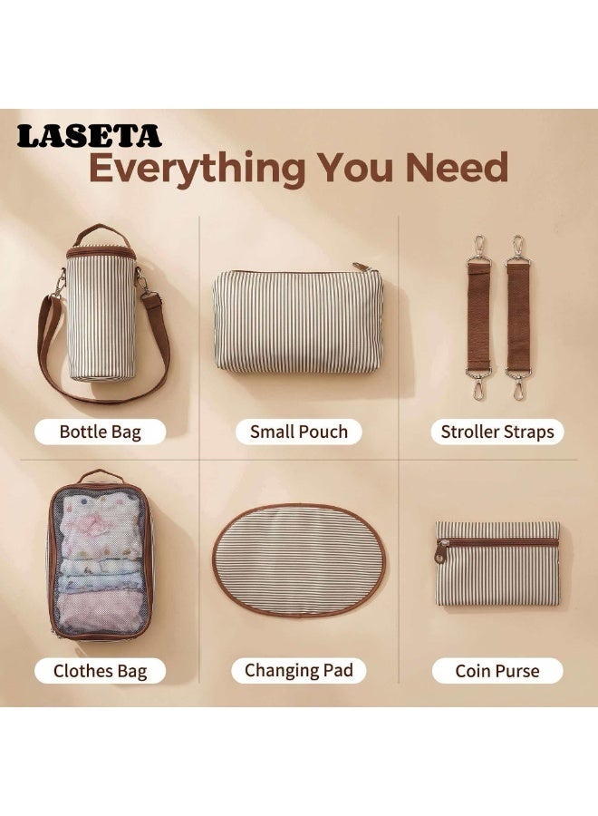 Laseta العنوان الرئيسي: مجموعة حقيبة حفاضات متعددة الاستخدامات مكونة من 7 قطع، حقيبة أم عصرية بلون عاجي للسفر اليومي وللتركيب على عربة الأطفال - Image 4
