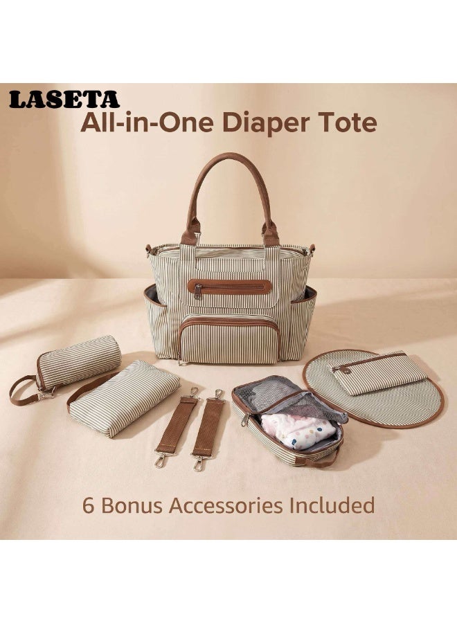 Laseta العنوان الرئيسي: مجموعة حقيبة حفاضات متعددة الاستخدامات مكونة من 7 قطع، حقيبة أم عصرية بلون عاجي للسفر اليومي وللتركيب على عربة الأطفال - Image 1