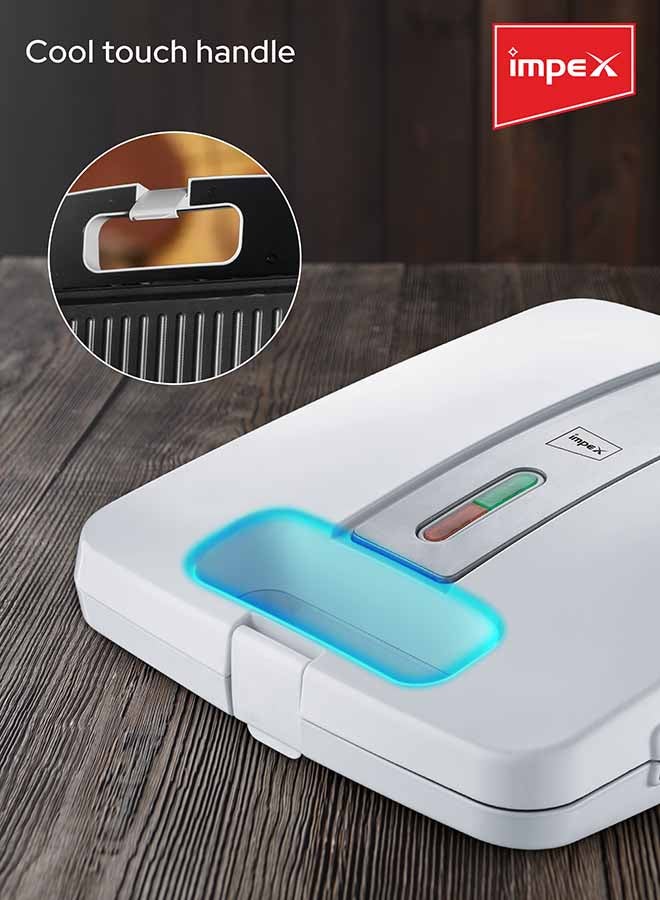 Impex Sandwich Maker 4 Slice with Cool-Touch Housing, Non-Stick Coating Plates, Compact Upright Storage, Skid-Resistant Feet, and Power/Ready Indicator Lights 4 Slices 1400 W SW 3603 White - Image 5